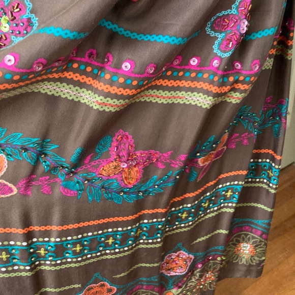 Lynne Ritchie Brown Pleated Silk Midi Skirt Beads Sequins  SZ XL - Picture 4 of 9
